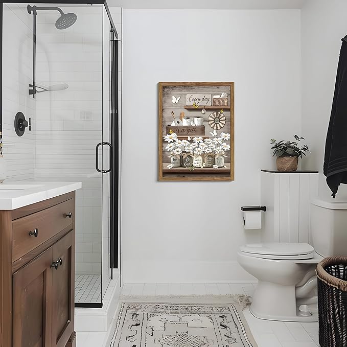 Wood Framed Farmhouse Bathroom Wall Art, Vintage Rustic Daisy Canvas Wall Decor Paintings, Flower Butterfly Inspirational Posters Prints Pictures Artwork for Bathroom Bedroom Living Room 12x16 Inch