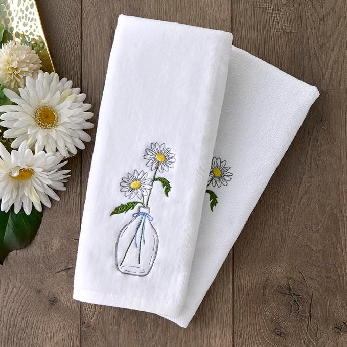 SKL Home Daisies in Vase Hand Towel 2pc Set for Bath/Kitchen/Bar & Gift, Optic White