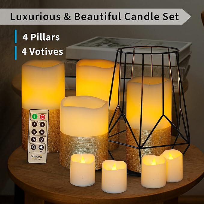FURORA LIGHTING Gold Real Wax Trim Candles with Remote and Timer, Pack of 8 Pillar & Votive Candles, LED Flameless Flickering Candle for Home Décor, Battery Included