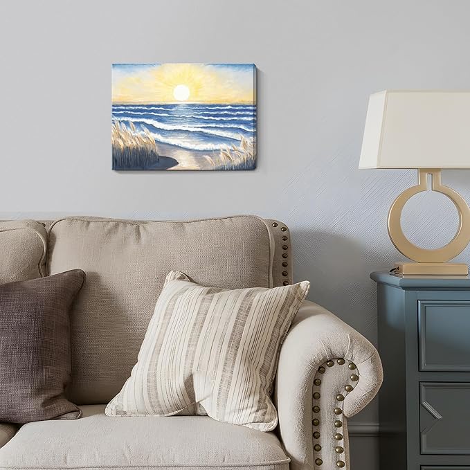 Bathroom Decor Wall Art Beach Sunset Blue Ocean Waves Nature Pictures Coastal Reeds Canvas Print Seaside Landscape Seashore Botanical Painting Seascape Artwork for Home Sea Lake Bedroom 12x16inch