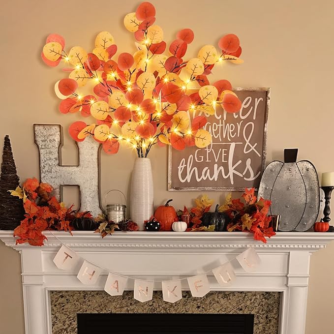 Agusbagli 30in 60LED Lighted Fall Eucalyptus Branches with Timer, Light Up Fall Eucalyptus Leaves Stems Battery Operated Lit Artificial Twig Autumn Fall Decorations for Home Wedding Party Decor