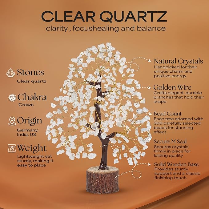 Clear Quartz Gemstone Tree with Chakra Pendants, Crystal Tree, Home Decor, Birthday Gifts for Women, Bonsai Trees for Positive Energy, Crystals & Healing Stones, Office Desk Accessories 10-12"