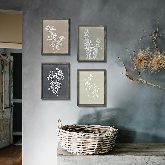 Heiple Framed Wall Art Set of 4 for Boho Home decor Botanical Print Wall Art for Rustic Vintage Farmhouse Wall Decor for Living Room (Grey, 12‘’x16‘’)