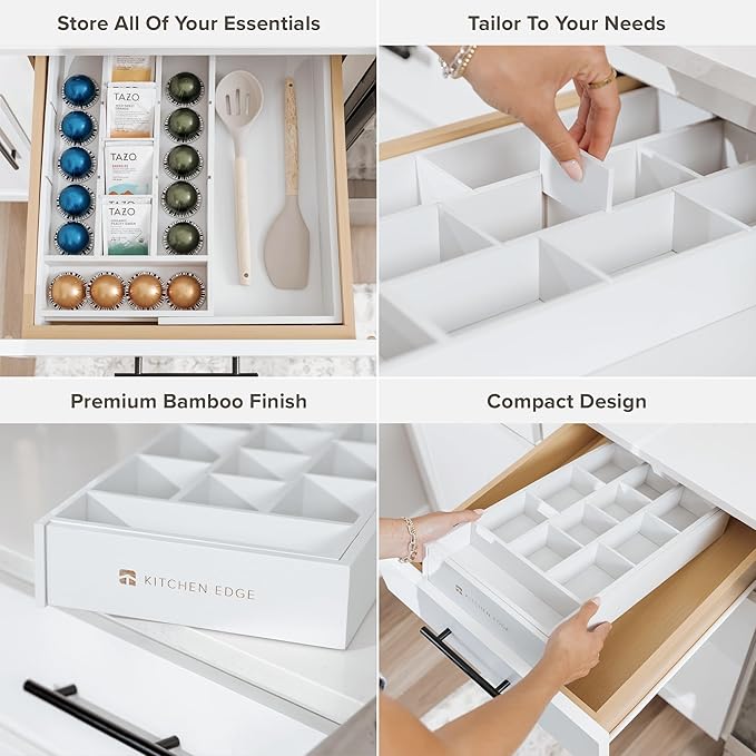 Tea Bag and Coffee Pod Kitchen Drawer Organizer, Expandable 9.7 to 17 Inches, 10 Storage Compartments, Adjustable Wall Inserts, Non-Slip Feet, Food-Safe White Finish, 100% Bamboo Wood