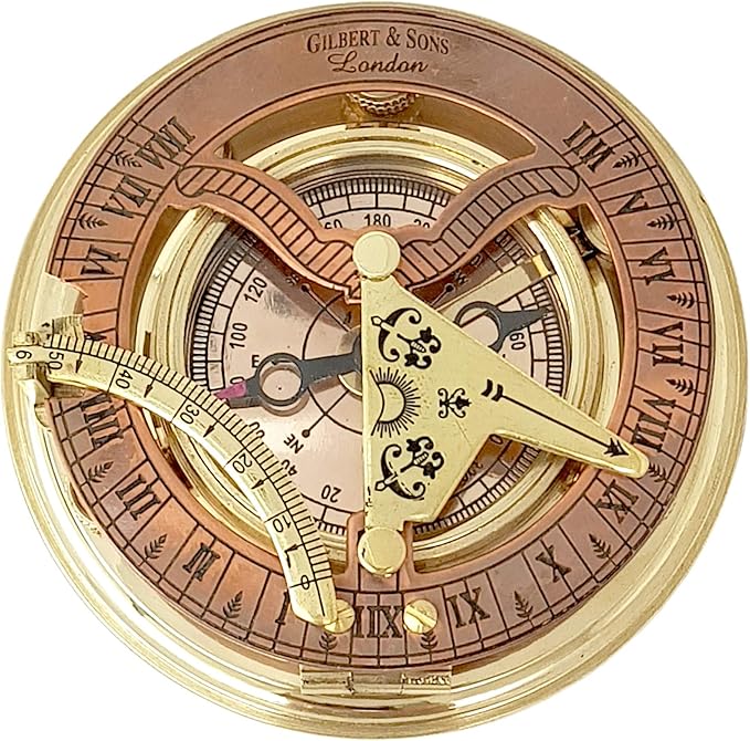 Brass Nautical - Antique Brass & Copper Sundial Compass, Sundial Clock in Box Gift Sun Clock Ship Replica Watch