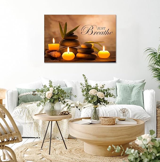 YIOZHAOFH Zen Wall Decor Just Breathe Motivational Bathroom Wall Art Yoga Room Poster for Women Spa Picture Painting Spiritual Artwork Framed for Living Room Ready to Hang (28L x 44W)
