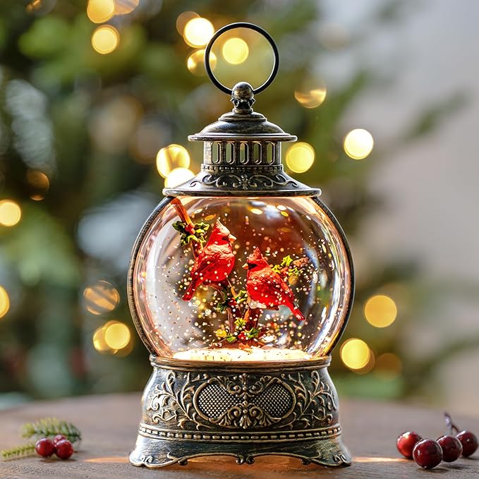 Christmas Village Snow Globe Lighted Cardinal Holly Scene, Musical Snow Water Lantern Swirling Glittering Home Decoration and Gift, Battery Operated or USB Powered