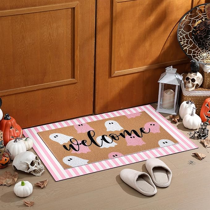 2 Pcs Halloween Door Mat Ghost Welcome Non Slip Coir Mats Pink White Stripe Floor Layering Doormats Seasonal for Front Porch Entryway Decor(Pink White Ghost)