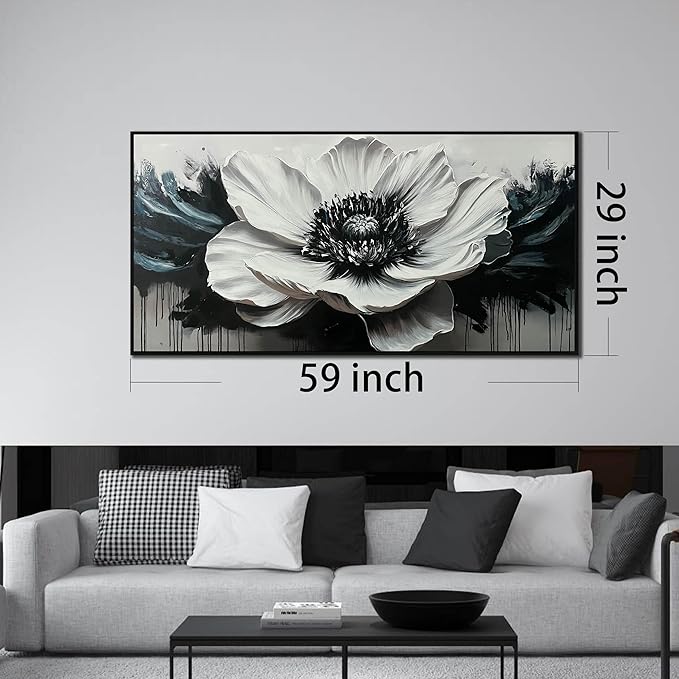 Flower Canvas Art Wall Decor for Living Room - Black and White Hand Painted Painting for Bedroom - Large Picture Frames for Wall Size 29" x 59"