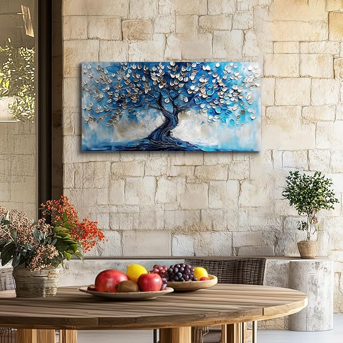 crmotu Tree of Life Large Wall Art, Blue Tree Painting Canvas Prints, Modern Abstract Art Room Decorations, Navy Blue Neutral Aesthetic Pictures Wall Decor Living Room Bedroom Bathroom Office 20"X40"
