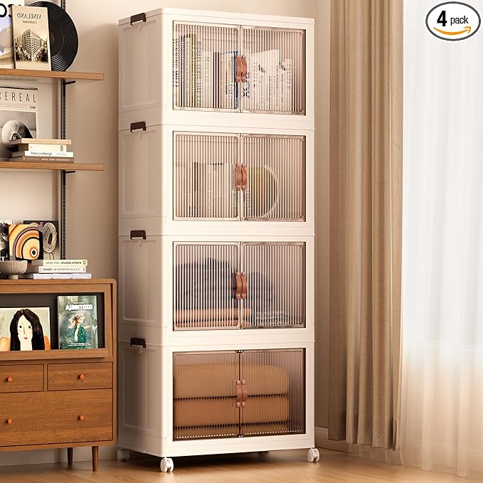 Jalove 50QT Plastic Storage Bins with lids, Stackable Collapsible Storage Containers with Wheels, Closet Organizer and Storage Drawers, Clothes Storage Cabinet for Home Office Garage, 4 Pack White