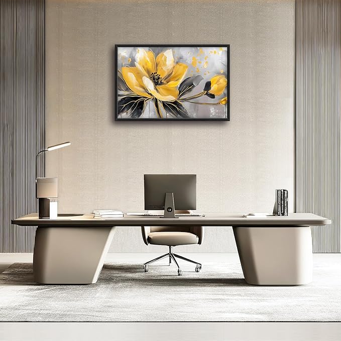 Framed Large Wall Art for Living Room, Yellow Floral Canvas Wall Decor, Gold Flower Pictures Painting, Natural Landscape Artwork for Living Room Bedroom Office 36L'' × 24W''