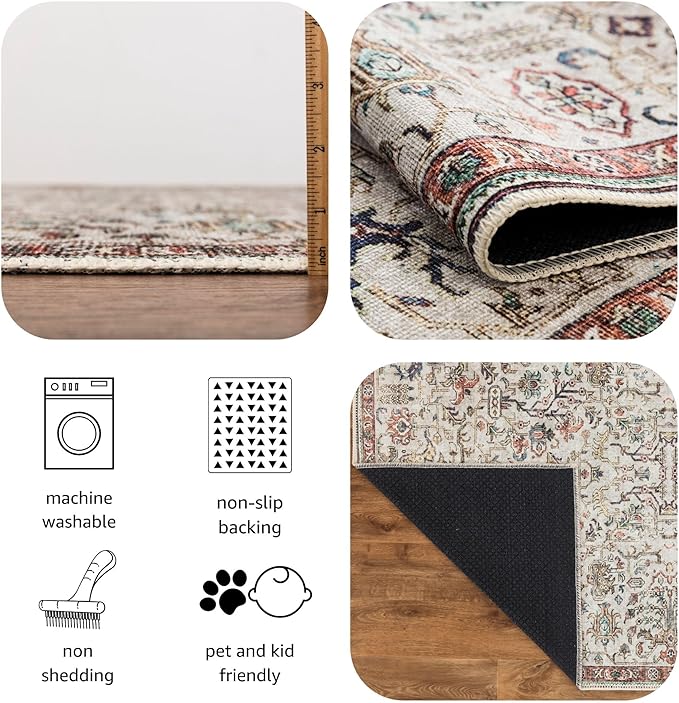 Keen Home Design 5x7 Rug - Machine Washable Area Rug with Non-Slip Backing, Ideal for Living Room, Dining Room, Bedroom - Vintage, Easy Clean, Durable, Low Pile Rug - (5' x 7')