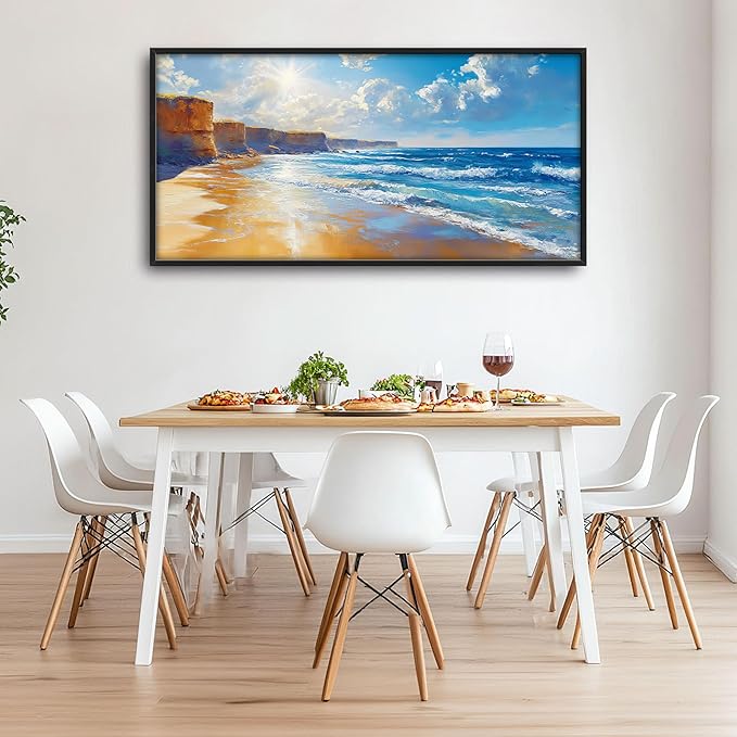 Coastal Beach Large Wall Art for Living Room, Ocean Sun Oversized Wall Decor Pictures, Seaside Framed Canvas Print Painting, Modern Artwork for Bedroom Office Home Decor 60"x30"