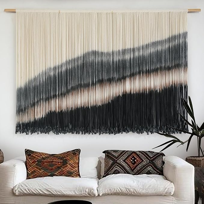 Jakalin Large Macrame Wall Hanging Dip Dyed Boho Wall Decor For Living Room Bedroom Entryway 57" Wx35 L Modern Fiber Yarn Wall Art Handmade Black Home Decor
