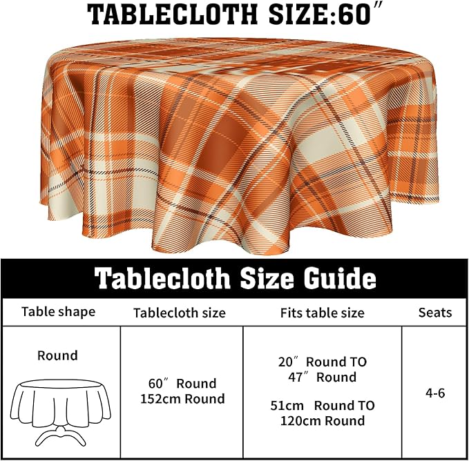 Kawani Fall Orange Tablecloth Round 60” Autumn Thanksgiving Buffalo Plaids Tablecloths Fall Checkered Decoration Round Table Cover Washable House Decor for Kitchen Dining Room Farmhouse Holiday