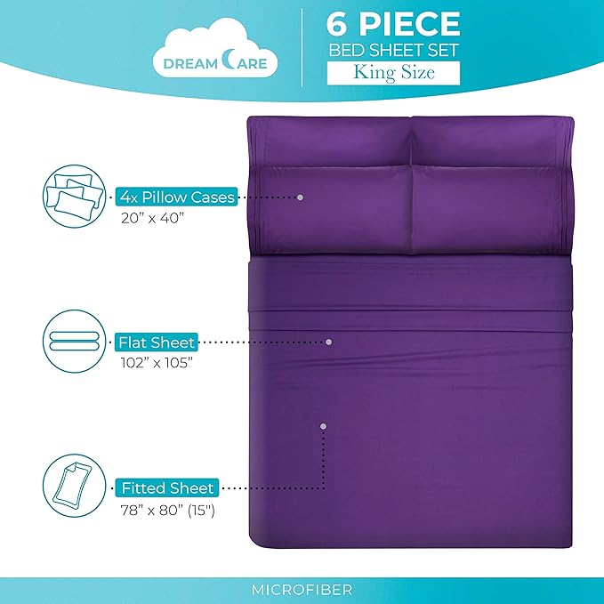 DREAMCARE King Size Sheets Set – 6 pcs Cooling Bed Sheets – up to 15” Deep Pocket King Sheet Set – 2500 Supreme Collection – Extra Soft 100% Brushed Microfiber Hotel Luxury with Side Pocket – Purple