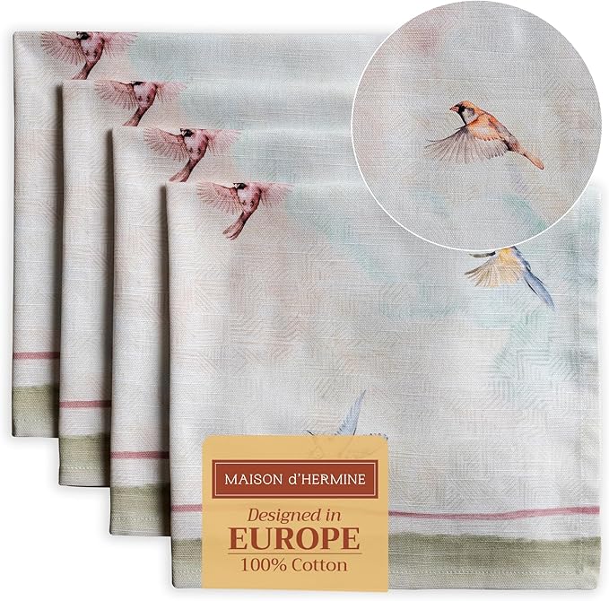 Maison d' Hermine Cloth Napkins Set of 4 100% Cotton Everyday Reusable Square Napkins Cloth Washable, Dinner, Party, Wedding, Restaurant, Spring/Summer (Flying Birds, 20" x 20")