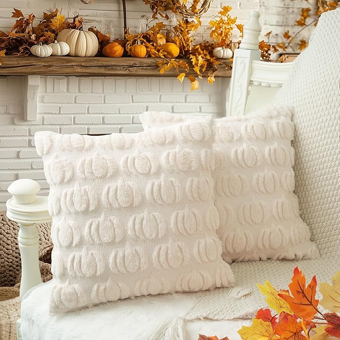 GEEORY Fall Pumpkin Throw Pillow Covers 16x16 Inch Set of 2, Autumn Soft Plush Faux Fur Wool Decorative Farmhouse Holiday Cushion Case for Home Decoration (Beige) GC002-16