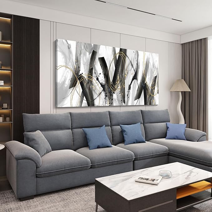 Large Modern Wall Art for Living Room, Bedroom, Office - Black and Gold Wall Pictures Abstract Paintings, Artwork - Black and White Wall Decor, Grey Tone29×58IN