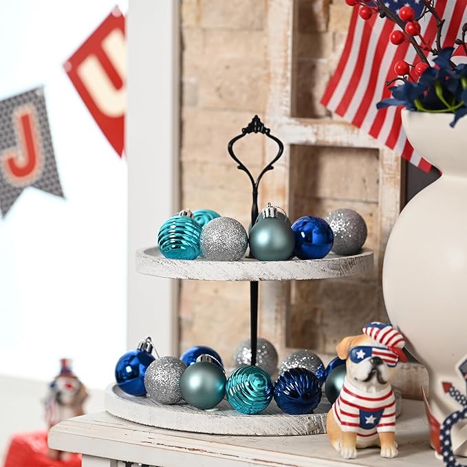 Valery Madelyn 1.57 Inches Small Christmas Tree Decorations Ornament Set for 4th of July Fall Halloween, 24ct Navy Blue and Silver Shatterproof Hanging Ball Ornaments Holiday Party Decor