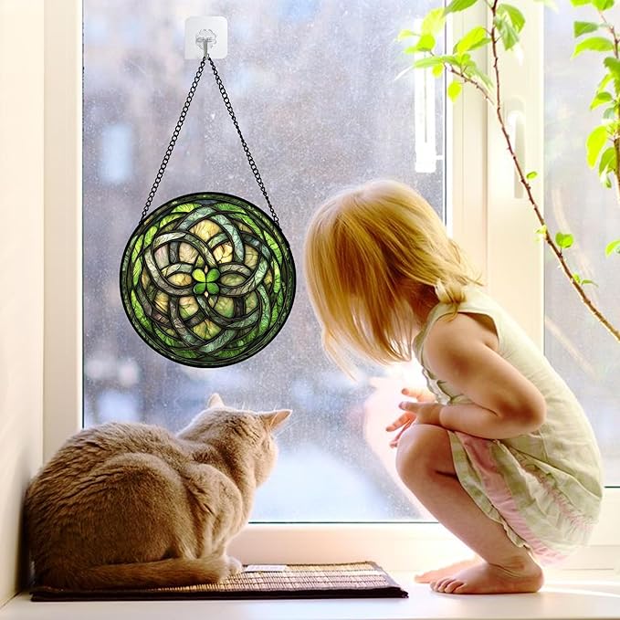 Stained Glass Window Hanging, Abstract Green Clover Sun Catchers Colorful Glass Panel Bless Suncatcher Decor for Birthday for Women, Men, Wife, Aunt, and Mom 6.3 in