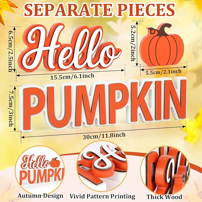 Fall Hello Pumpkin Wooden Sign Thanksgiving Tiered Tray Decorations Fall Decorations for Home Autumn Sign with Hello Pumpkin Lettered Centerpieces for Harvest Halloween