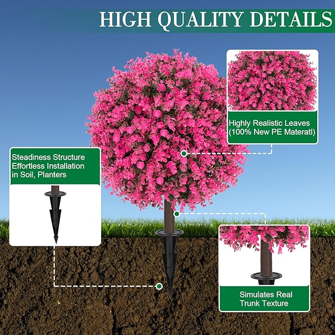 Set of 2 Artificial Pink Boxwood Topiary Ball Bush for Outdoor with Ground Spike 22", UV Resistant Faux Greenery Shrubs, Fake Pink&Green Boxwood Plants for Garden, Yard, Porch, Patio Decor