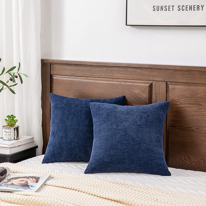 GAWAMAY Decorative Chenille Throw Pillow Covers 26x26 Inch Pack of 2, Soft Square Couch Pillow Cover for Sofa Cushion Living Room Bedroom Solid Oversized Pillowcases Navy Blue 66x66cm (ONLY Covers)