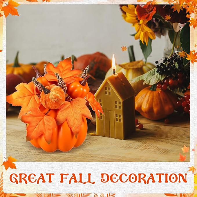 Janinka 3 Set Fall Artificial Pumpkins Fake Pumpkin Centerpiece Decor Autumn Floral Stems Thanksgiving Decorations Acorn Pine Cone Maple Leaves Fall for Harvest Decor
