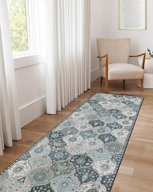 Lahome Moroccan Trellis Washable Runner Rug, 2x6 Runners for Hallways 6 Feet Non Slip Vintage Laundry Room Rug Vintage Ultra-Thin Long Carpet for Kitchen Bedroom, Blue