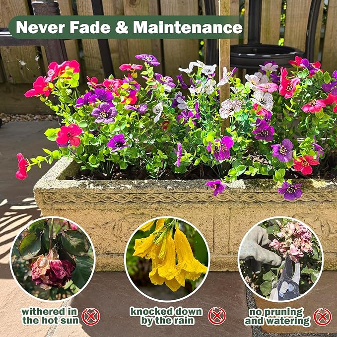 Nepfaivy Artificial Outdoor Flowers UV-Resistant - Realistic Artificial Flowers for Outdoors 12 Bundles 3 Colors, Fake Flowers for Outside Fade Resistant, Plastic Faux Flowers for Outdoor Planters