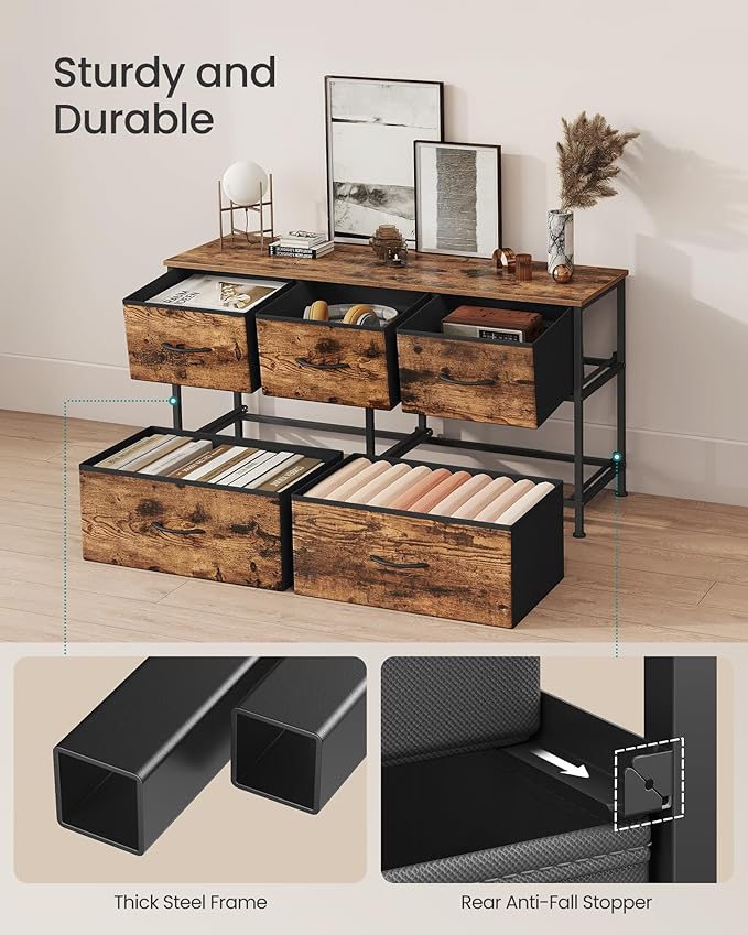 SONGMICS Dresser for Bedroom, Chest of Drawers, TV Stand, Steel, MDF, 5 Non-Woven Fabric Drawers, Storage Organizer Unit, Closet, Entryway, Rustic Brown and Ink Black ULGS322B02S