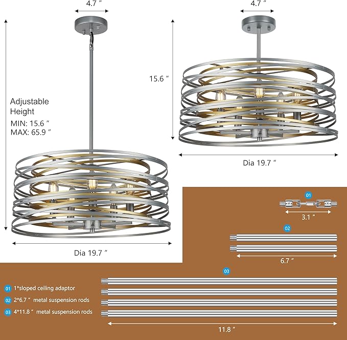 19.7'' Double Round Metal Chandelier, 5-Light Modern Farmhouse Dining Room Lights Over Table, Gold Chandelier for Hallway Kitchen Island Entryway Stairwell, Silver with Gold Interior