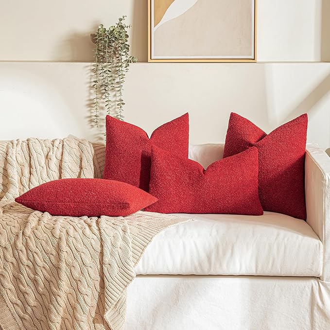 MIULEE 22x22 Inch Decorative Euro Sham Throw Pillows for Bed Set of 2 Textured Boucle Neutral Throw Pillow Covers Red Accent Solid Euro Couch Pillowcase Cozy Soft Sofa Livingroom Home Decor