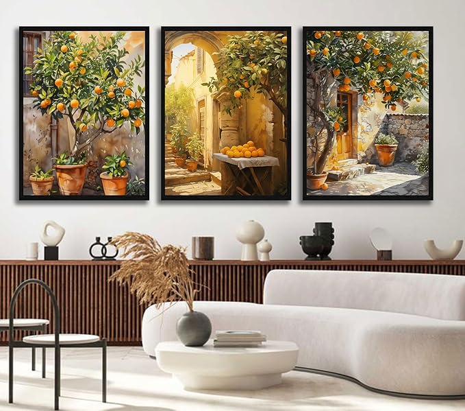3 Pcs Vintage Citrus Wall Art Country Farmhouse Scenery Canvas Wrap Gallery Poster Artwork Mediterranean Style Pictures for Living Room Kitchen Bedroom Farmhouse or Dining Room 16x24 Inch