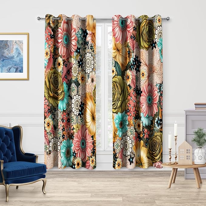 Jekeno Boho Floral Blackout Curtains Colorful Flowers Bohemian Decor for Bedroom Living Room Grommet Window Drapes 2 Panel Set, 52"x84"