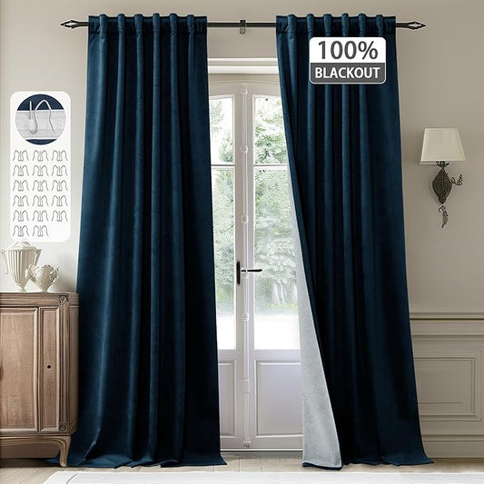 StangH Navy Blue Velvet Blackout Curtains Luxury Liner Back Tab Hook Belt Thermal Insulated Window Drapes Heavy Thick Privacy Curtains for Living Room Bedroom Office, W52 x L84, 2 Panels