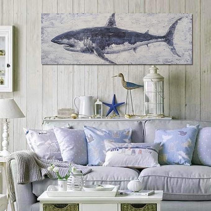 NdcSkyArt Vintage Shark Canvas Wall Art: Nautical Decor for Coastal Home & Office
