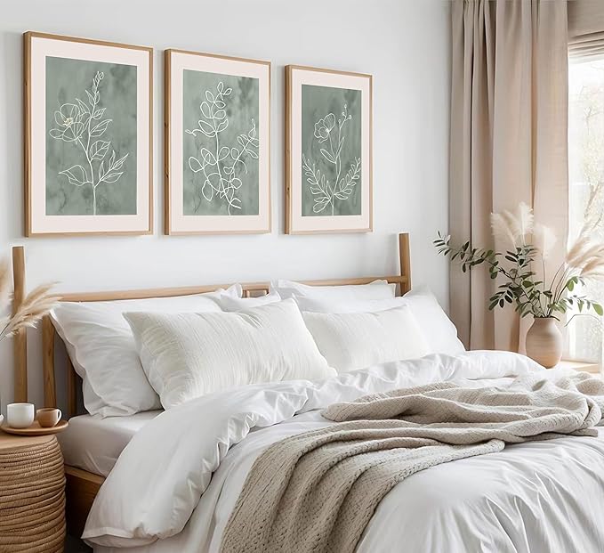 3Pcs Sage Green Botanical Wall Art Line Drawing Floral Canvas Poster Prints Modern Abstract Minimalist Picture Neutral Boho Artwork Simple Painting Wall Decor for Living Room Bedroom 12x16in Unframed