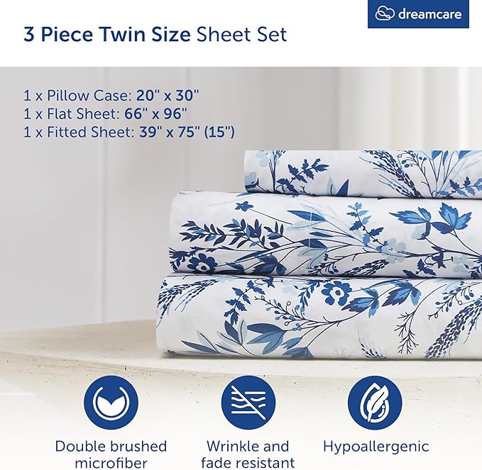 DREAMCARE Twin Size Sheets - Cooling Bed Sheets - Twin Sheet Set - Soft & Long Lasting 100% Fine Brushed Floral Blue Sheets