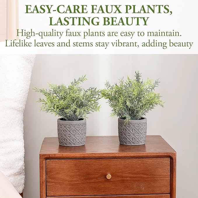 MyGift Set of 2 Artificial Green Plant in Modern Gray Concrete Pots with Geometric Embossed Pattern, Faux Greenery Indoor Houseplants Potted in Decorative Round Planters