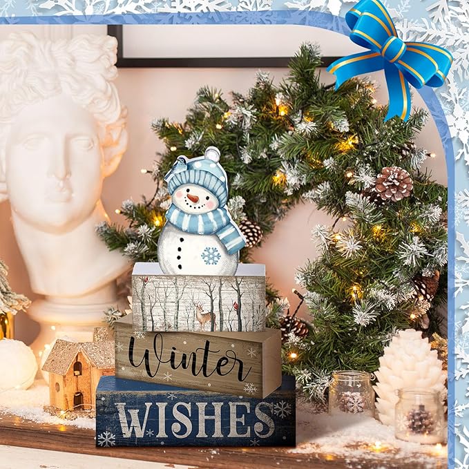 4 Pcs Christmas Snowman Decor Snowman Tiered Tray Decor Wooden Rustic Winter Block Sign Christmas Farmhouse Tabletop Centerpiece for Home Tabletop Kitchen Shelf Party Gift