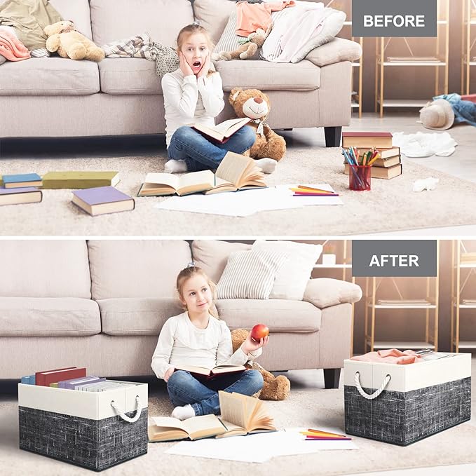 Fab totes Storage Bins [4-Pack], Foldable Storage Baskets for Organizing Toys, Books, Shelves, Closet, Large Storage Box with Rope Handles, Sturdy Organizer Bins, White & Black
