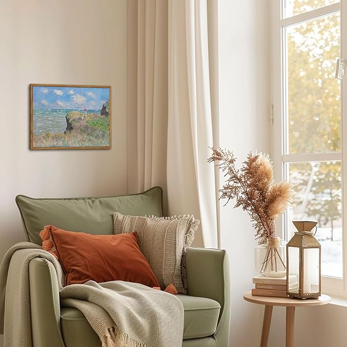 Framed Vintage Monet Wall Art Coastal Decor – Impressionist Seaside Oil Painting Canvas Prints – Nature Beach Scene Landscape Aesthetic Wall Decor for Living Room Bedroom Bathroom – 8"x10"