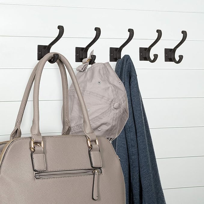 Claimed Corner Iron Scroll Coat Hooks - Wall Mounted Rustic Farmhouse Cast Iron DIY Coat Towel Hat Scarf Bag Hook - 5 Pack (Black)
