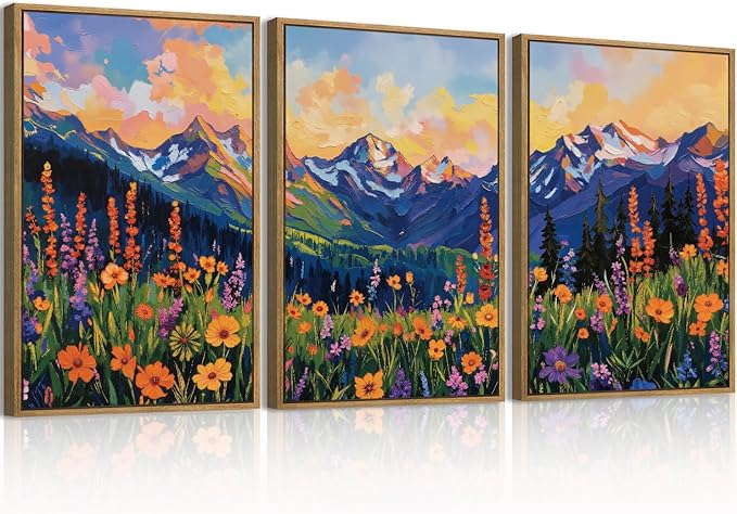 ANHUIB Colorful Wildflower Wall Art Boho Mountain Wall Decor Nature Floral Art Print 16x24 Inch Set of 3 for Living Room Bedroom Dining Room