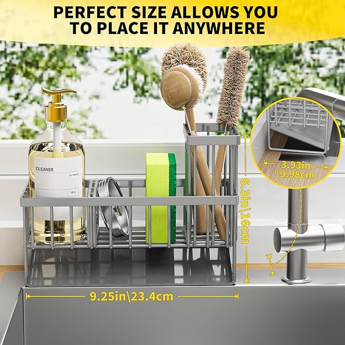 Cisily Sink Caddy Organzier with High Brush Holder, Sponge Holder for Sink, 304 Rustproof Stainless, Kitchen Countertop Soap Dispenser Organizer, Gray Kitchen Decor and Accessories