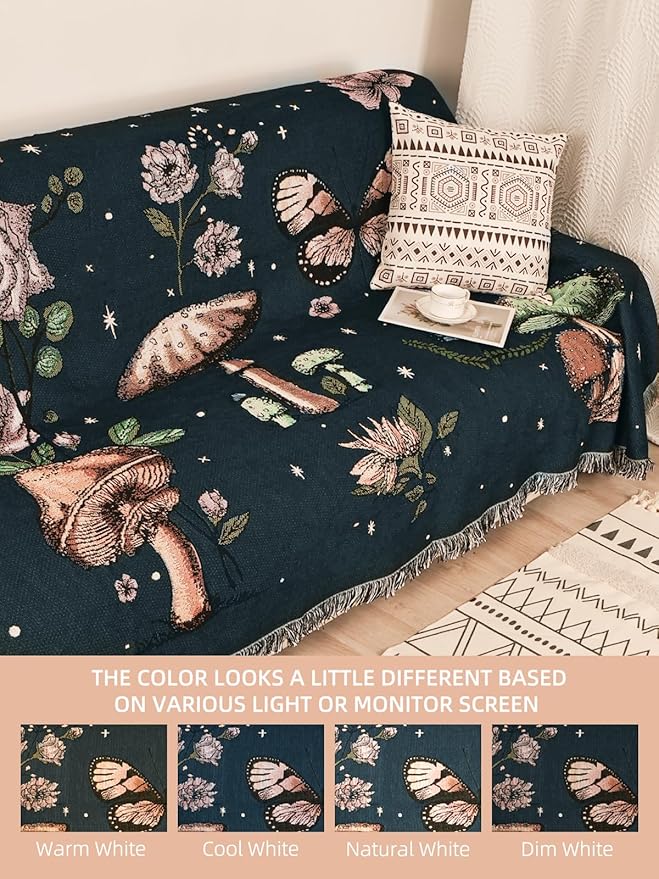 Boho Throw Blanket for Bed Couch Sofa Reversible Cotton Bohemian Travel Boho Quilt Mexican Muslin Blanket Tapestry Hippie Room Decor Outdoor Blanket Double Sided (Mushroom 60"x80")