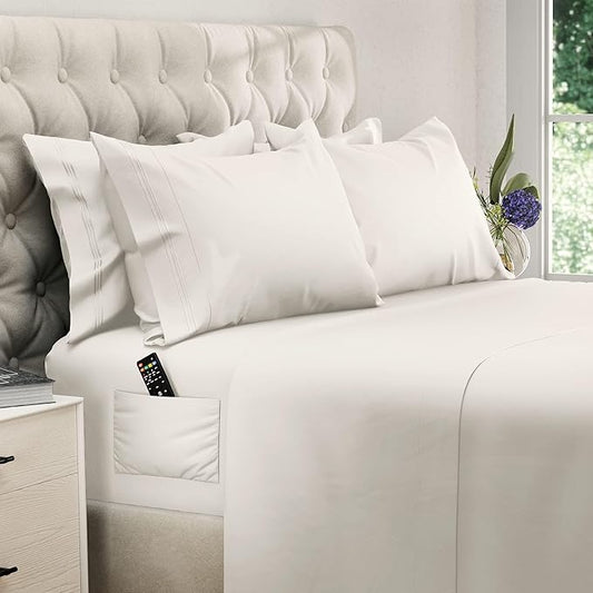 DREAMCARE Queen Sheet Set – 6 pcs Cooling Bed Sheets – up to 15” Deep Sheets Queen Size Bed Set – 2500 Supreme Collection – Extra Soft 100% Brushed Microfiber Hotel Luxury with Side Pocket – Ivory